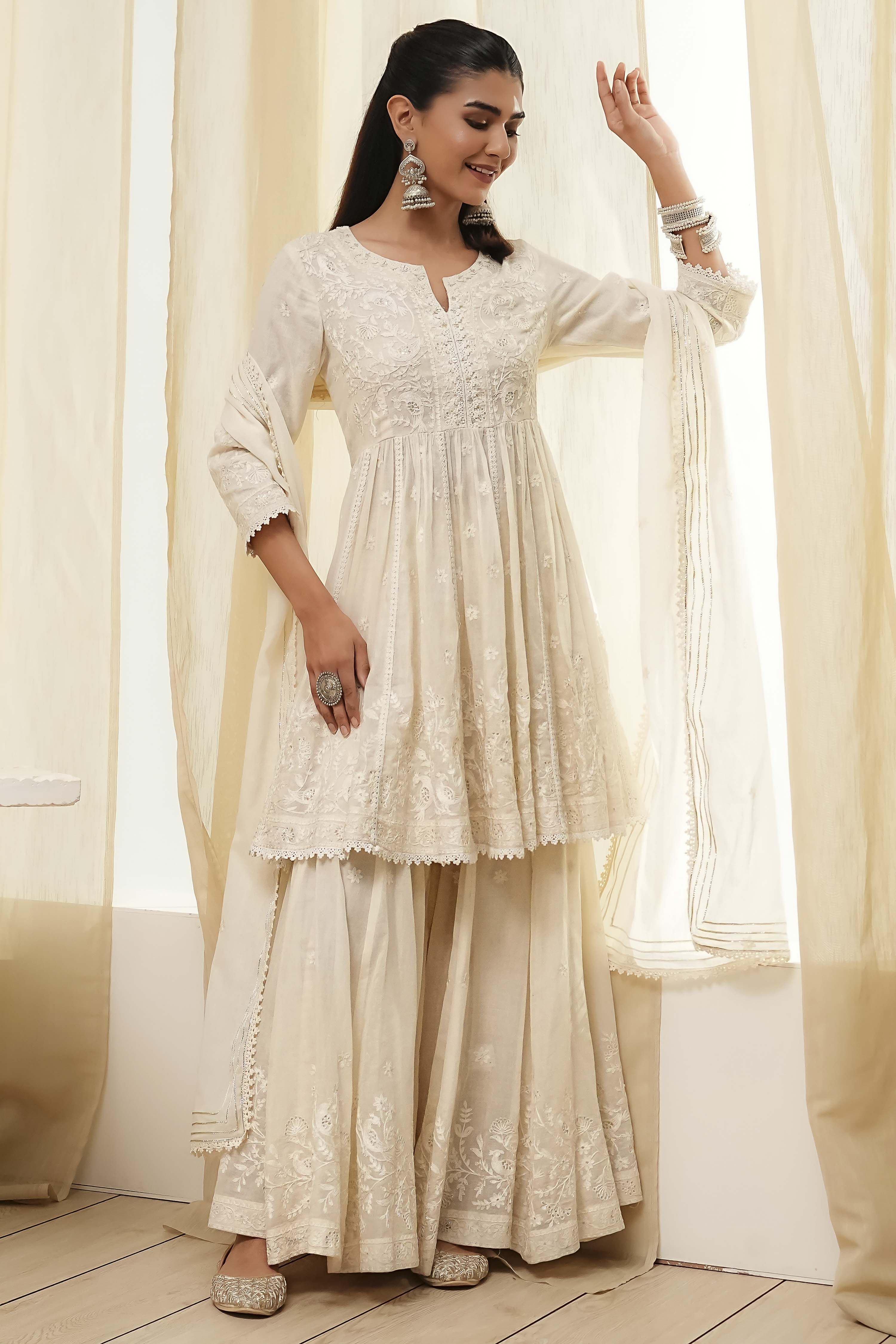 Off-White Cotton Embroidered Flared Suit Set image number 0