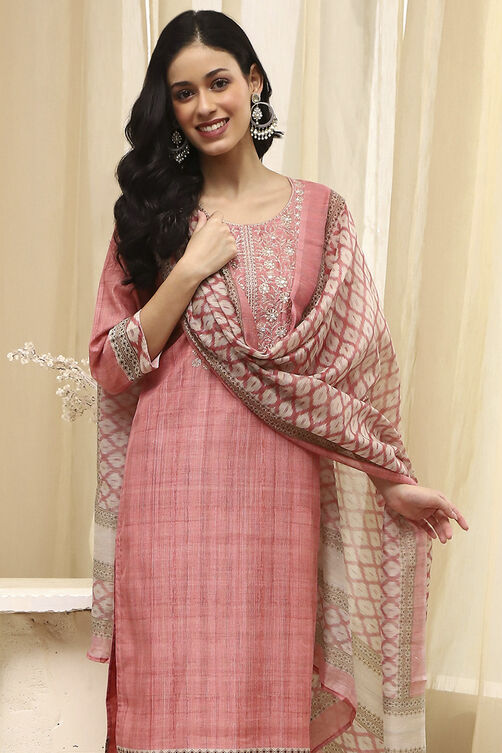 Pink Cotton Machine-Embroidered Unstitched Suit Set image number 8