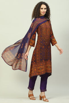 Violet LIVA Straight Kurta Slim Pant Suit Set image number 6