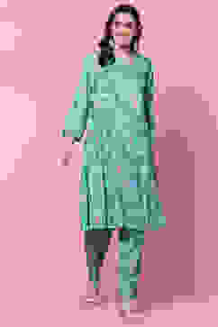 Sea Green LIVA Straight Kurta Relaxed Pant Suit Set image number 0