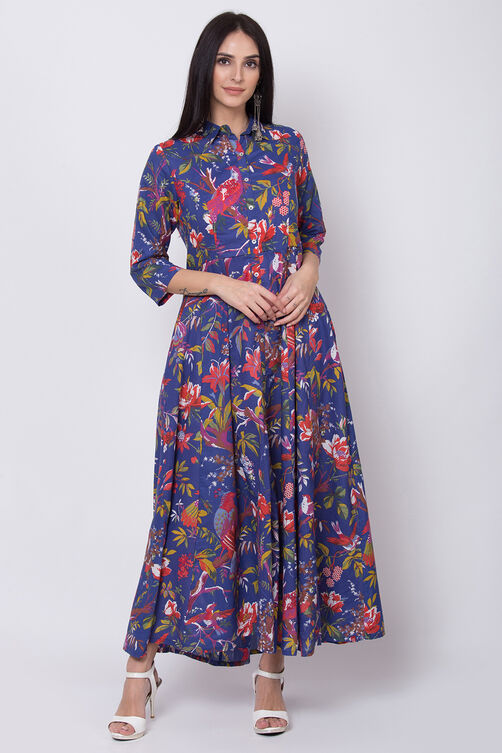Blue Cotton Flared Fusion Wear Dress image number 0