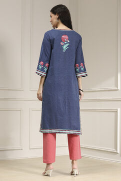 Indigo Blue Cotton Straight Printed Kurta image number 3