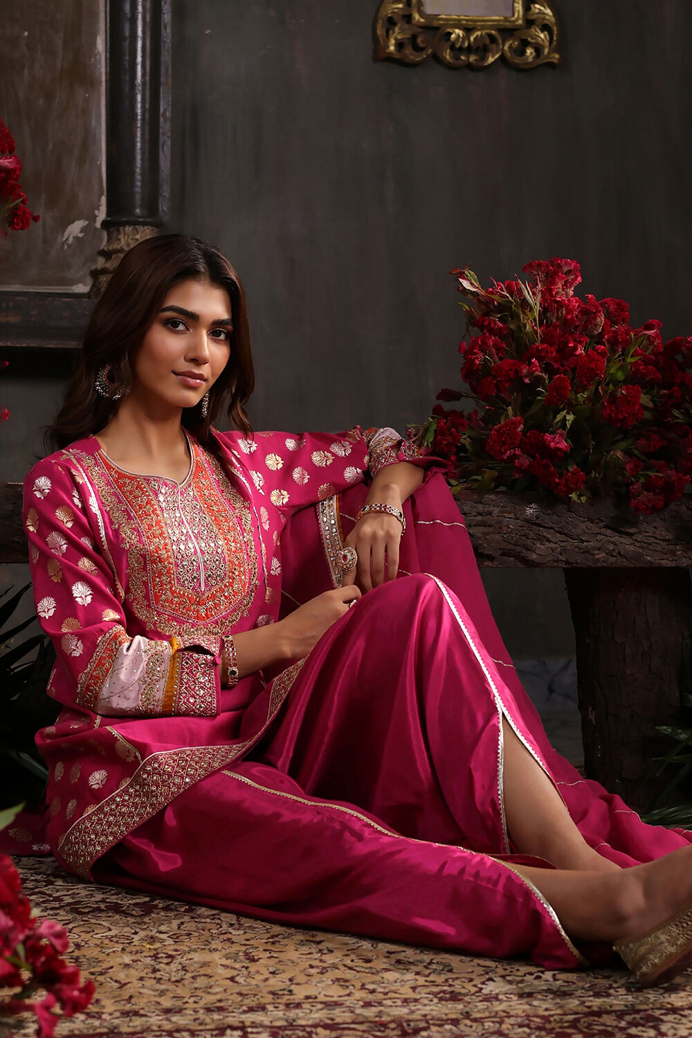 Earthy Blue Chanderi Jacquard Dori Embroidery Straight Suit Set image number 5