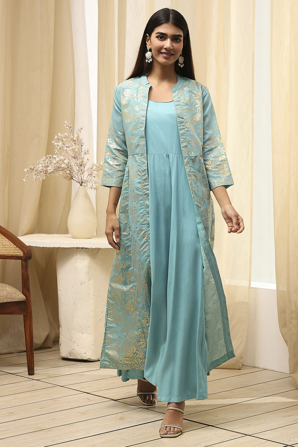 Turquoise Printed Layered Cape Dress image number 6