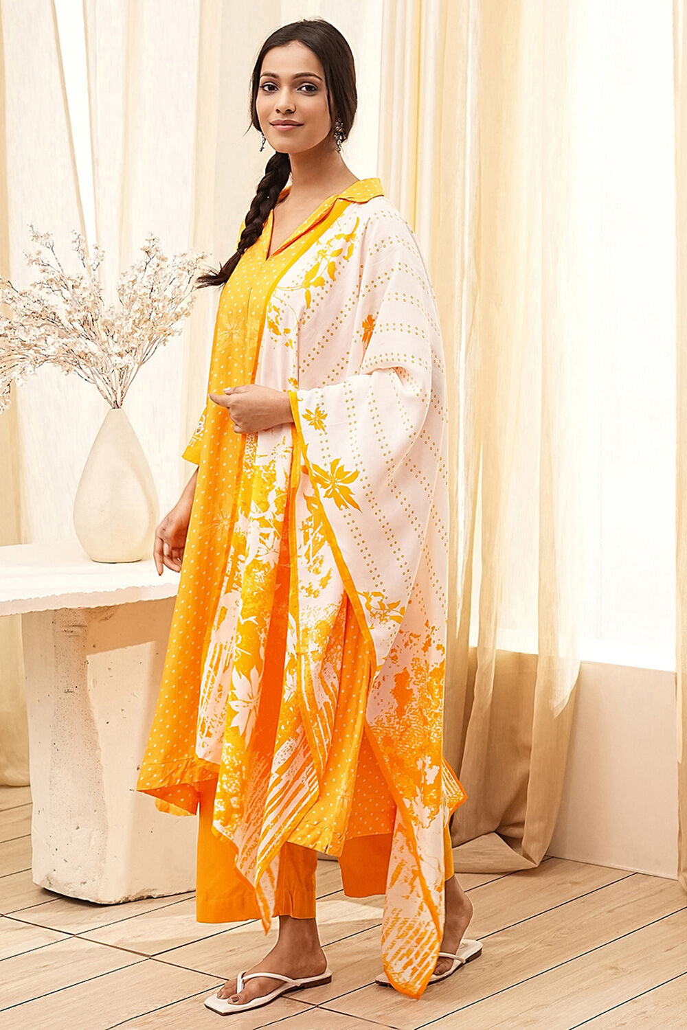 Yellow Bandhani Printed A-Line Suit Set image number 3