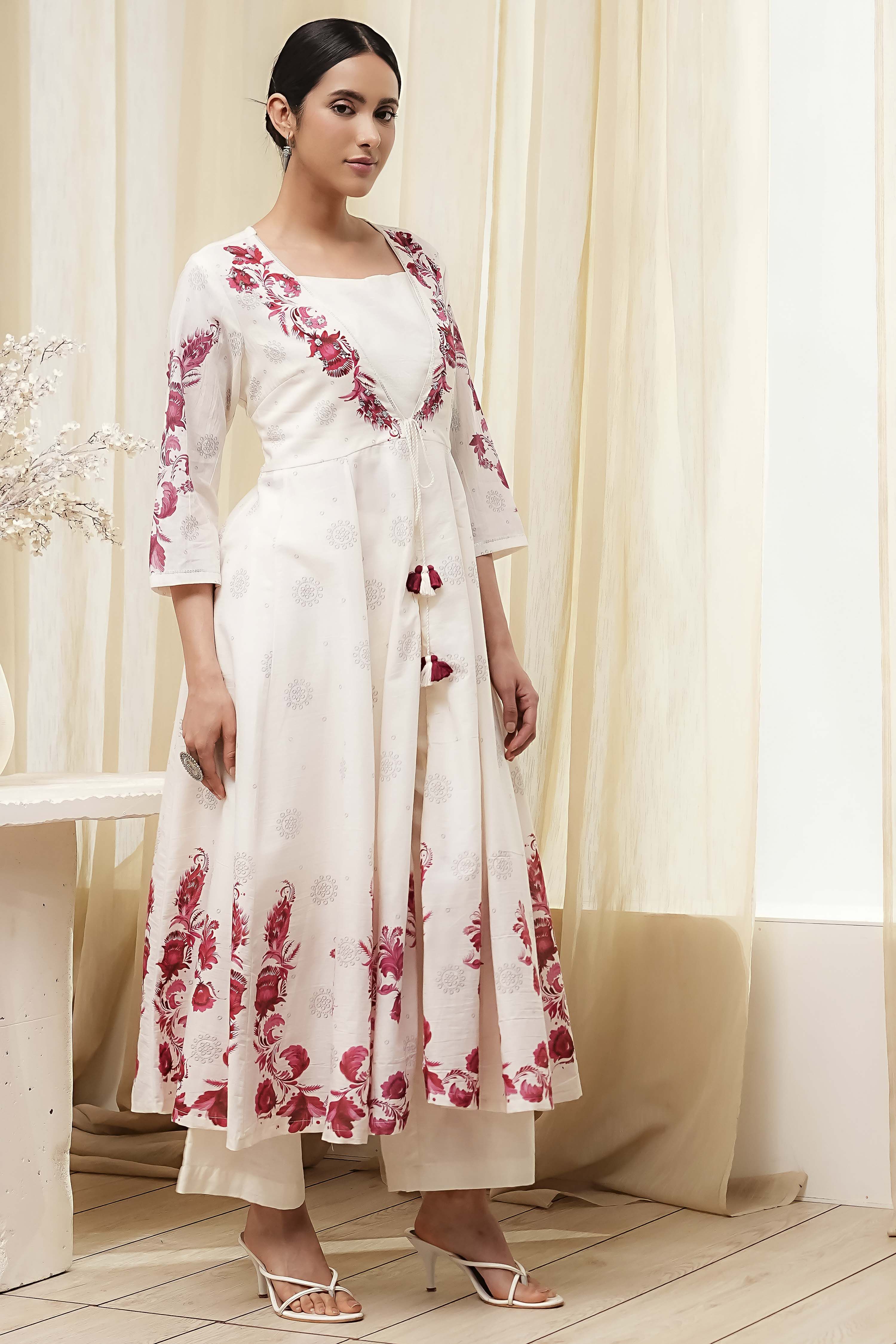 Off-White and Red Anarkali Fusion Set image number 5