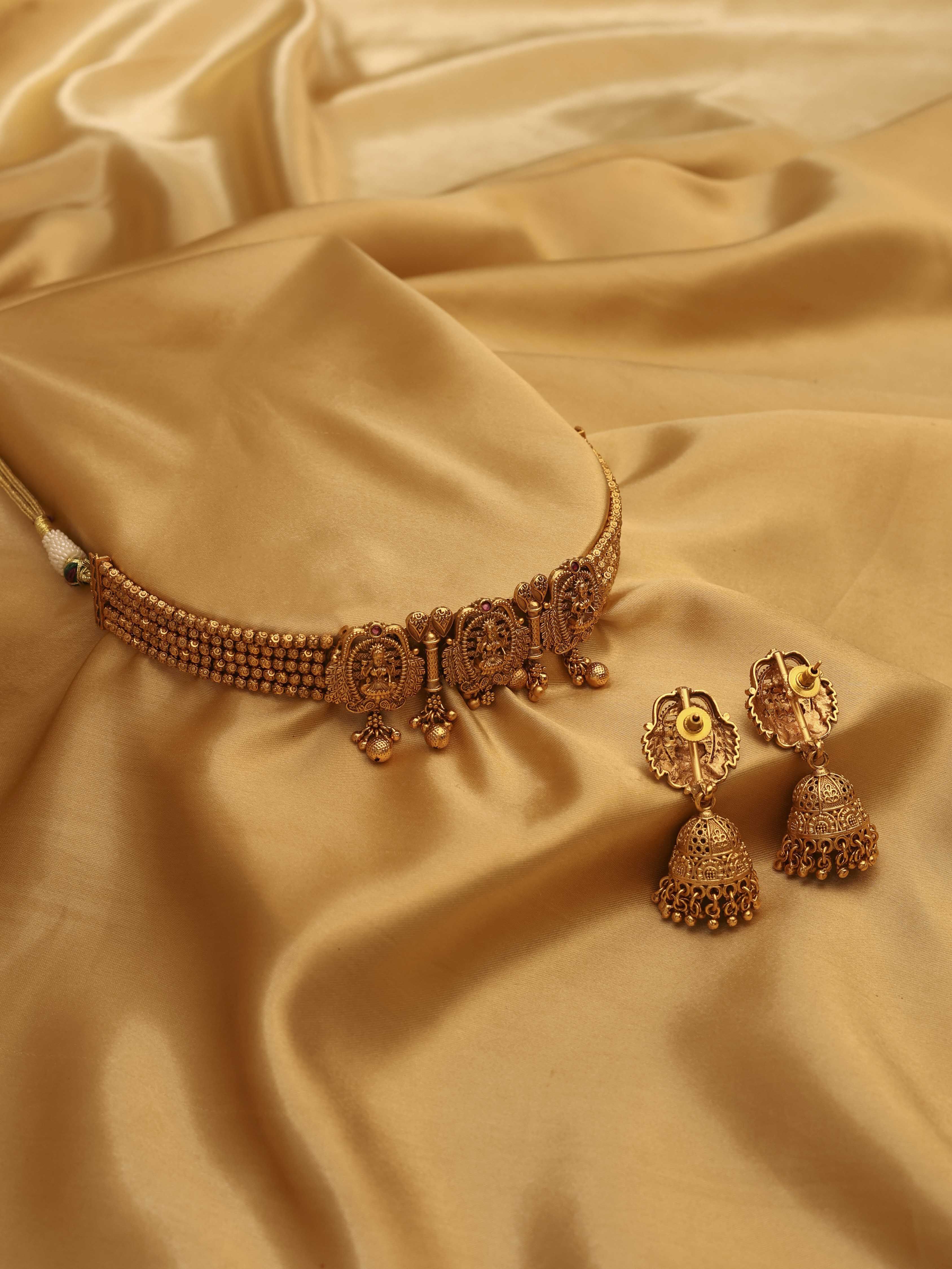 Gold Plated Brass Choker Necklace Set with Jhumka image number 2