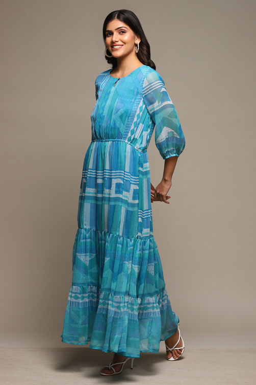 Black Cotton Blend Tiered Printed Dress image number 2