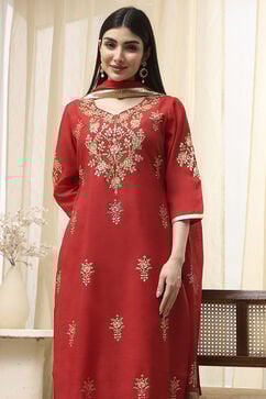 Red Poly Chanderi Fitted Suit Set image number 1