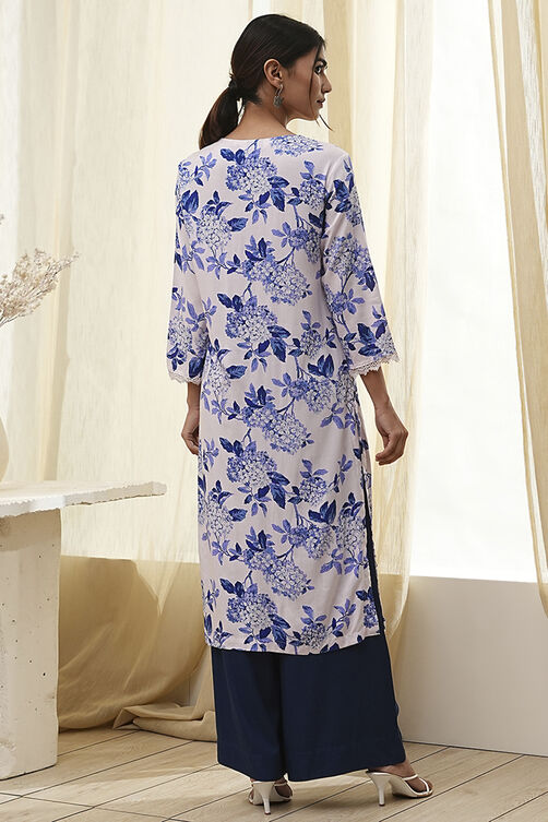 Blue and White Floral Printed Straight Kurta image number 3