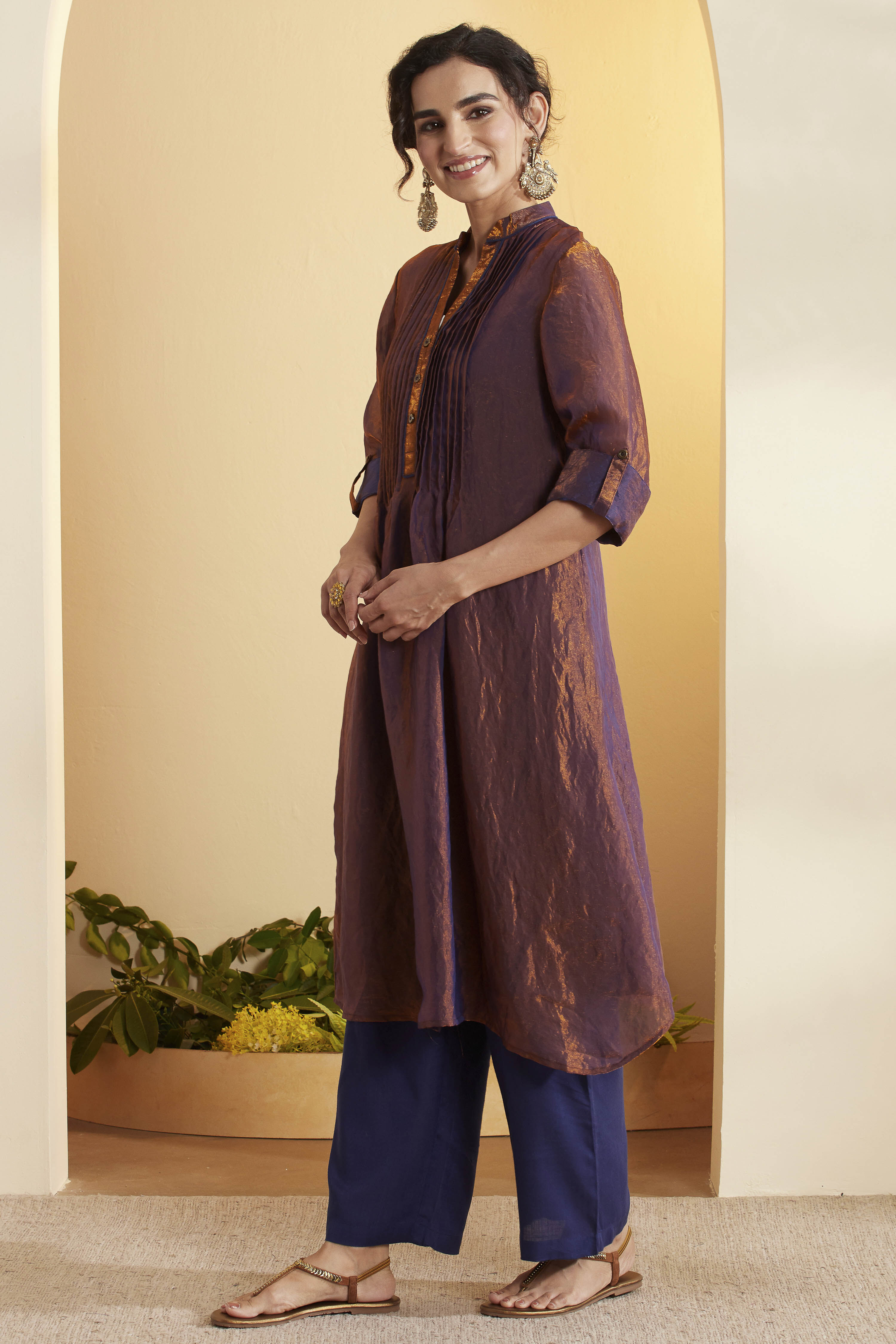 Purple Poly Satin Yarndyed Straight Kurta Set image number 3