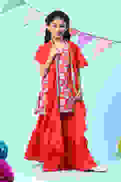 Red Polyester A-Line Printed Kurta Sharara Suit Set image number 6