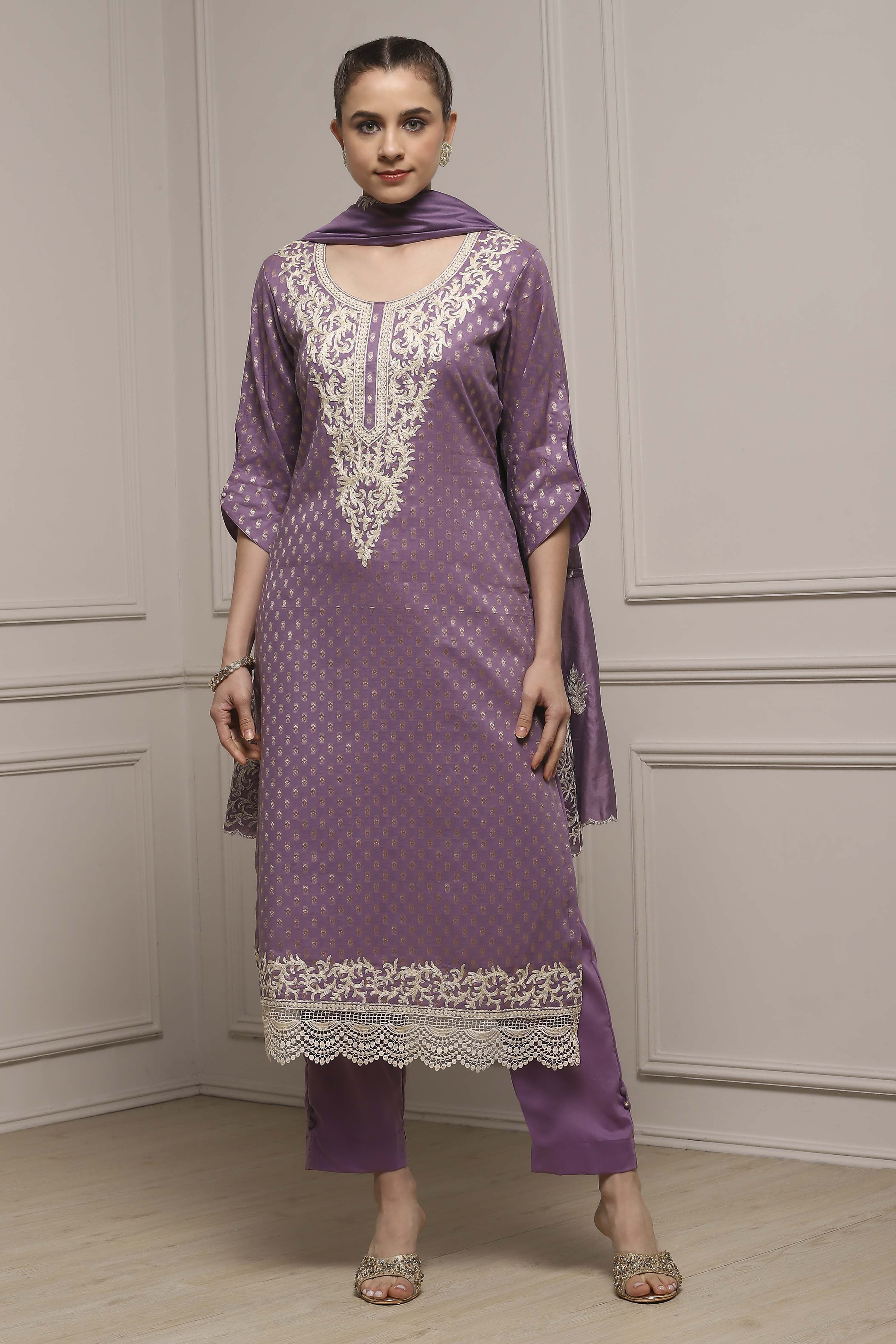 Peach Cotton Blend Thread Embroidered Unstitched Suit Set image number 1