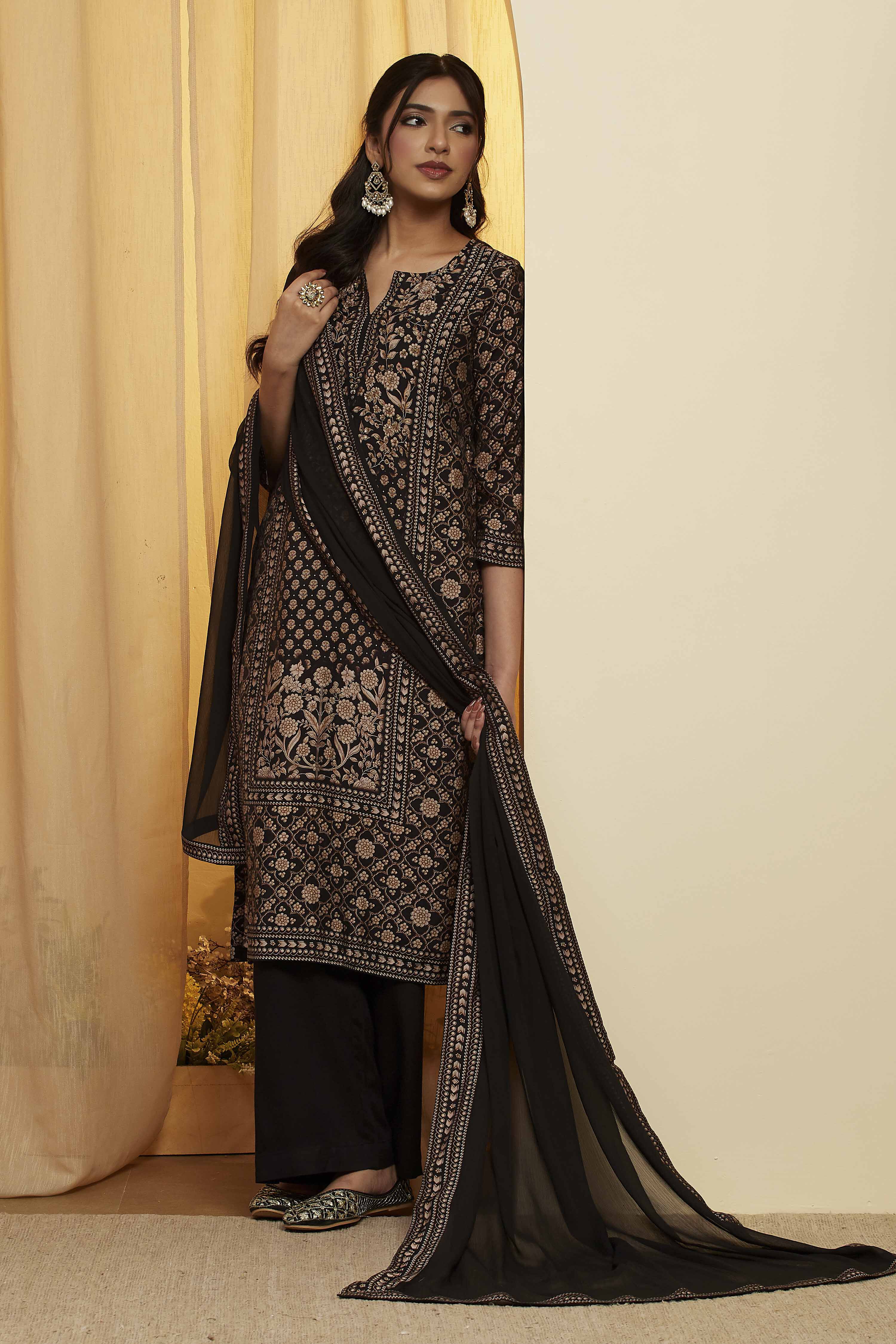 Black Viscose Blend Printed Straight Kurta Set image number 0