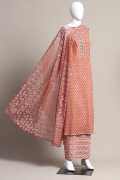 Peach-Colored Cotton Printed Unstitched Suit Set image number 0