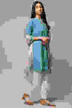 Turquoise Rayon Straight Kurta Salwar Suit Set image number 6