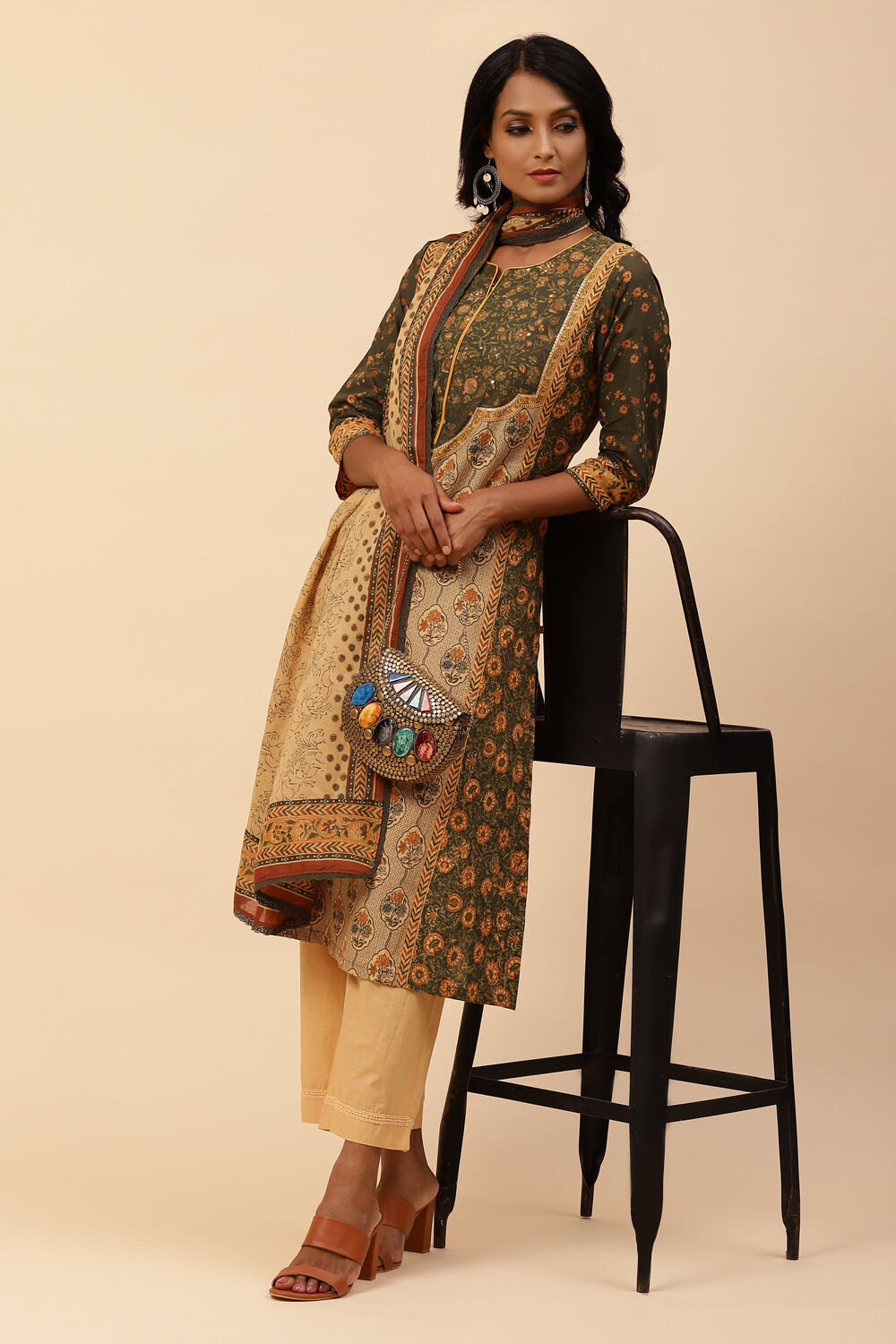 Khaki Cotton Straight Kurta Narrow Palazzo Suit Set image number 6