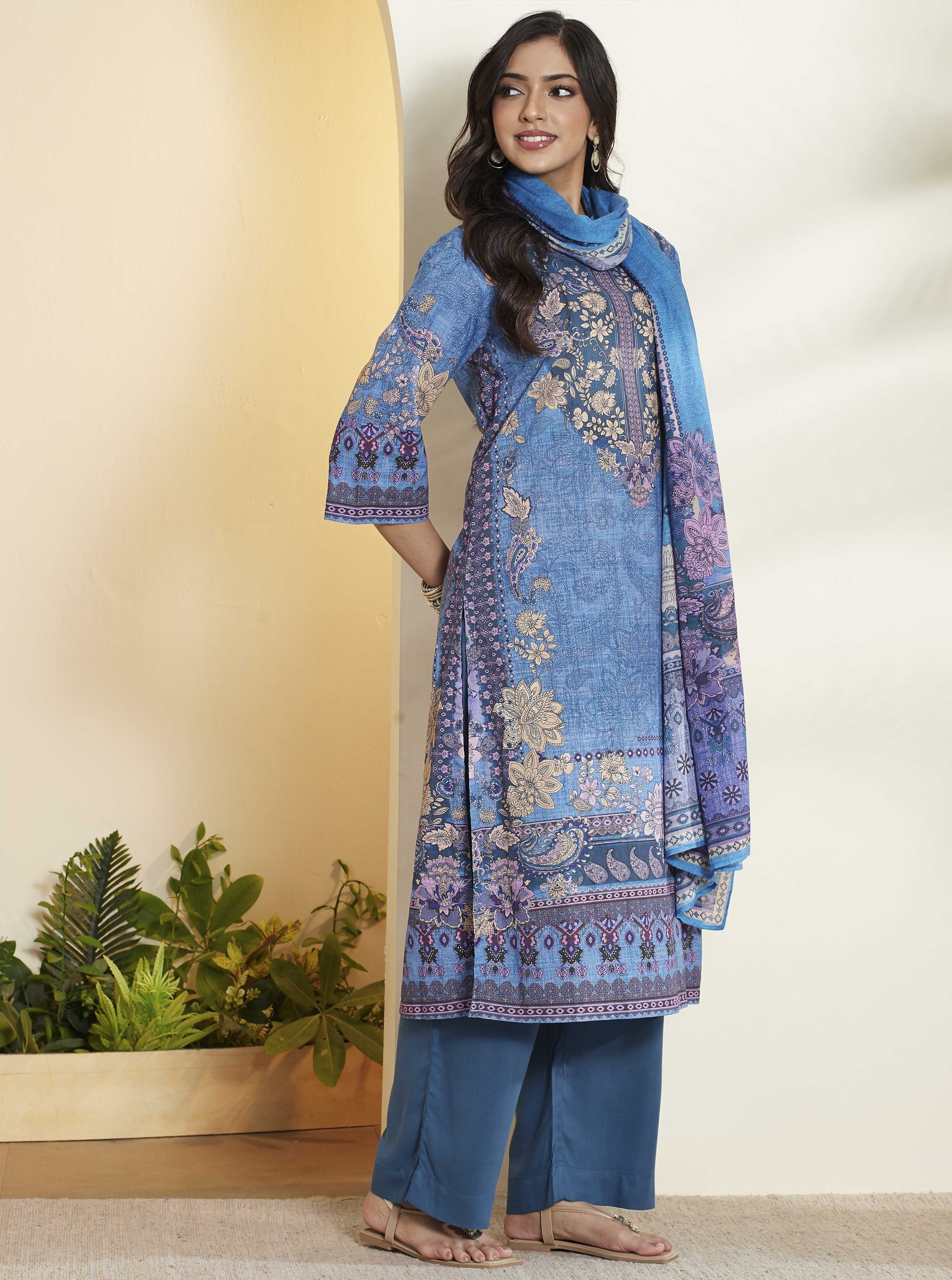 Blue Cotton Printed Straight Kurta Set image number 5