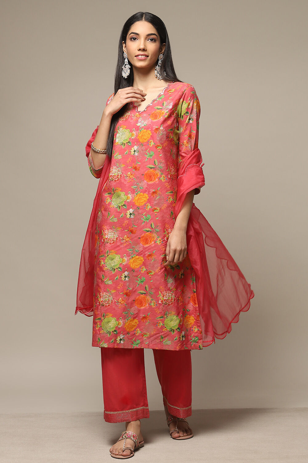 Coral Pink Cotton Blend Straight Kurta Pants Suit Set image number 7