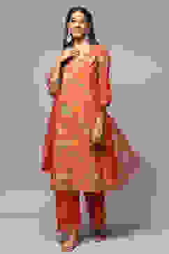 Coral Pink Cotton Blend Straight Kurta Pants Suit Set image number 7