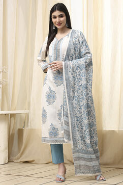White Cotton Unstitched Suit Set image number 1
