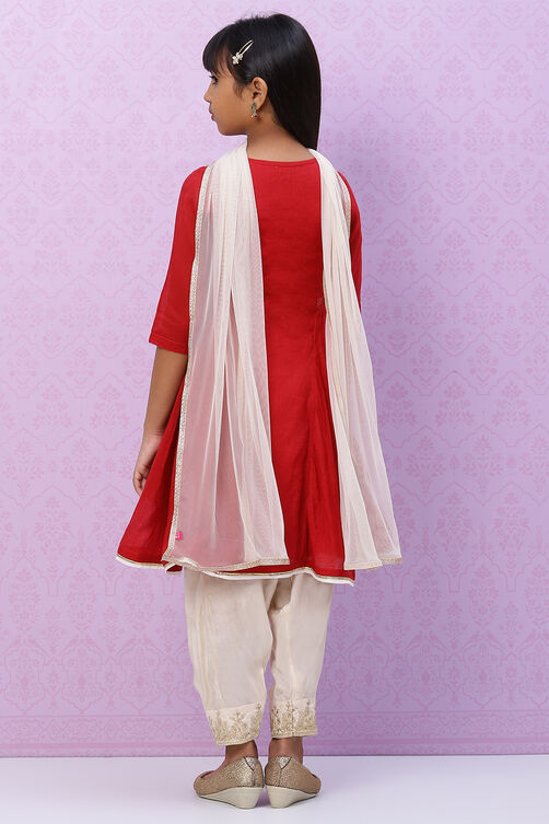Red Poly Modal Girls Flared Kurta Salwar Suit Set image number 4