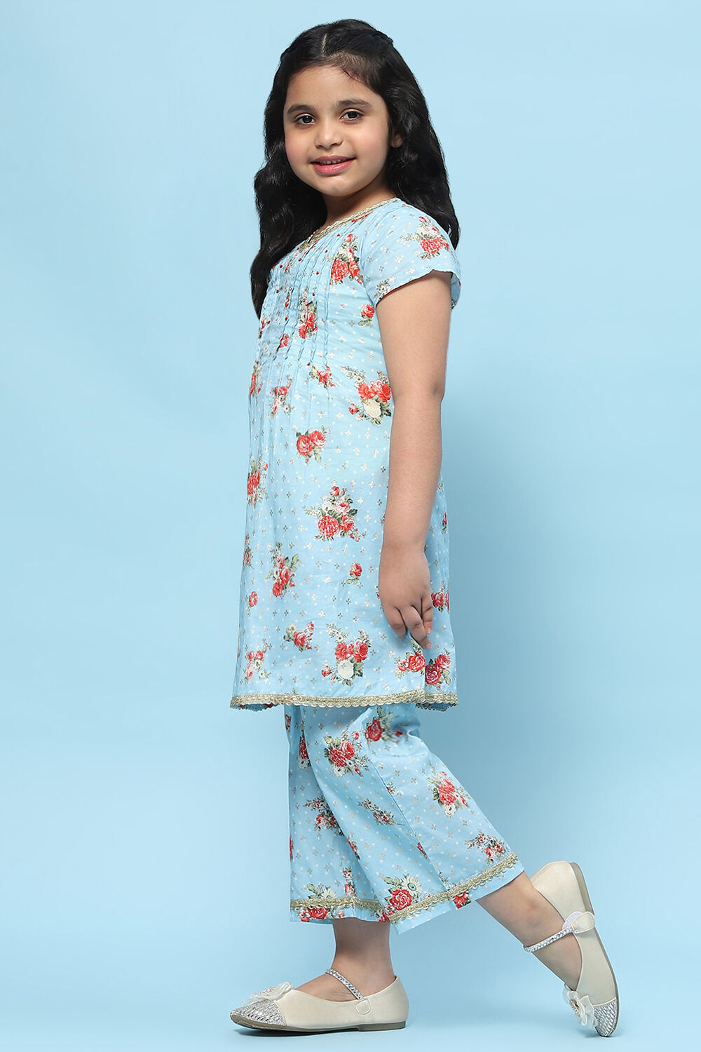 Blue Cotton Floral Printed A-Line Kurta Set image number 3
