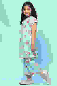 Blue Cotton Floral Printed A-Line Kurta Set image number 3