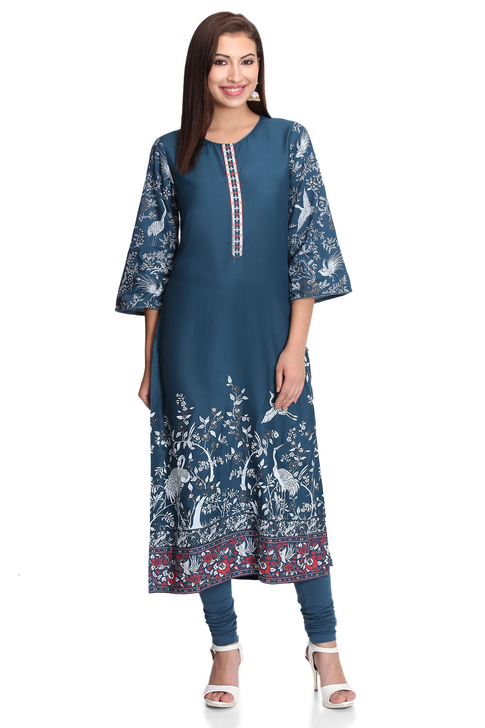 Teal Viscose Straight Printed Kurta image number 0