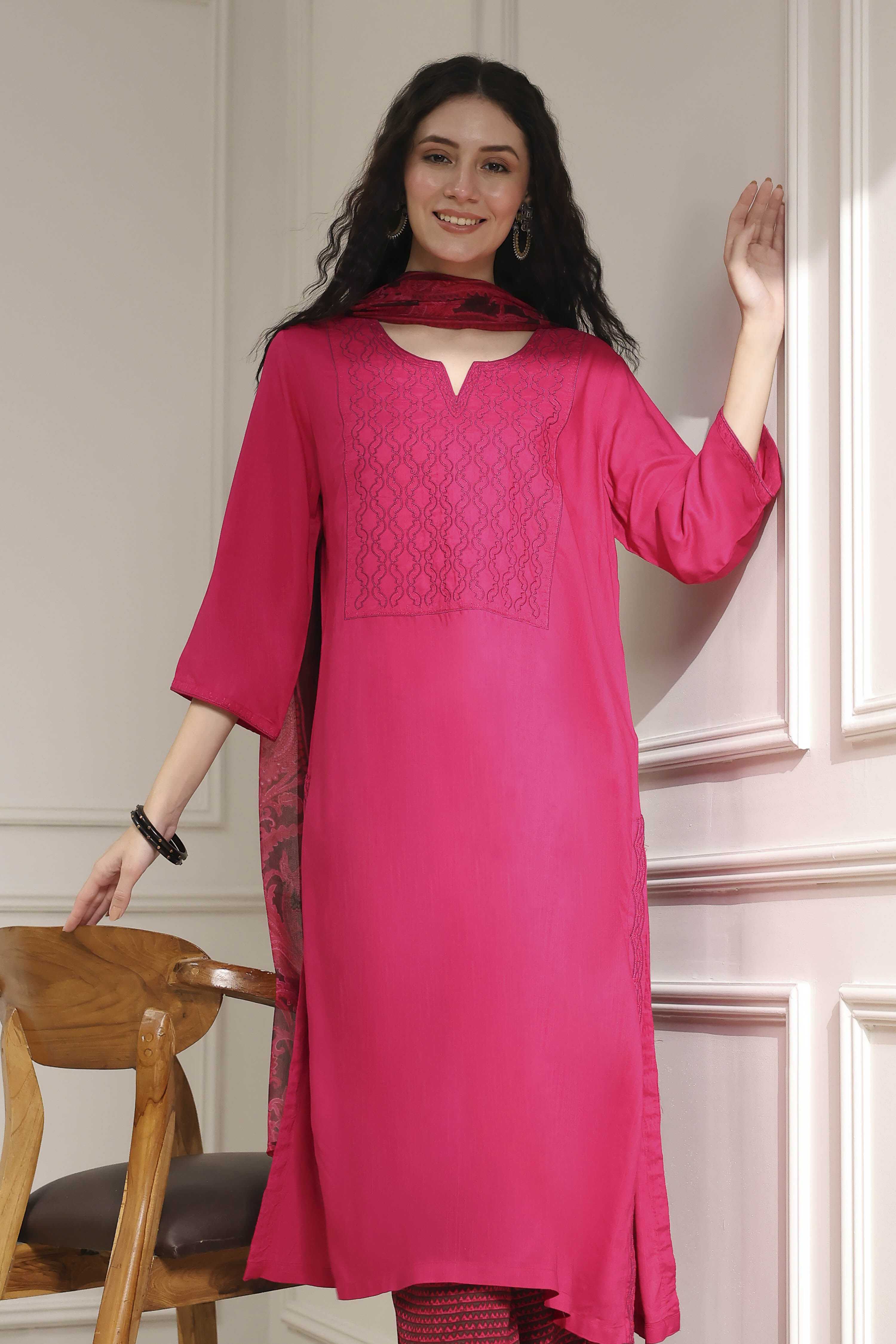 Pink Embroidered Straight Suit Set image number 7