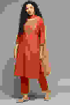 Burnt Orange Rayon Straight Kurta Pants Suit Set image number 5