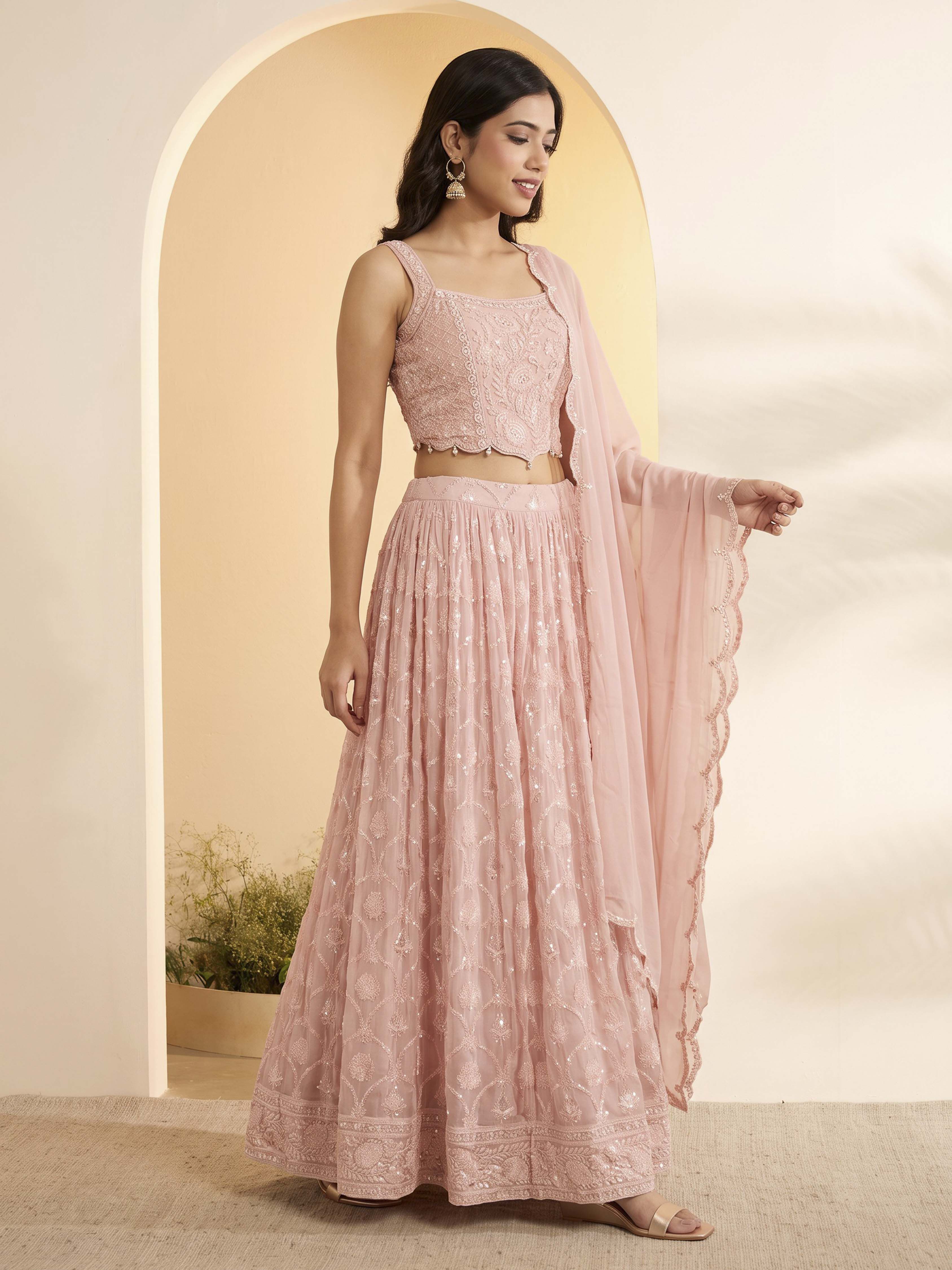 Pink Viscose Rayon Embellished Kalidar Lehenga Set image number 3