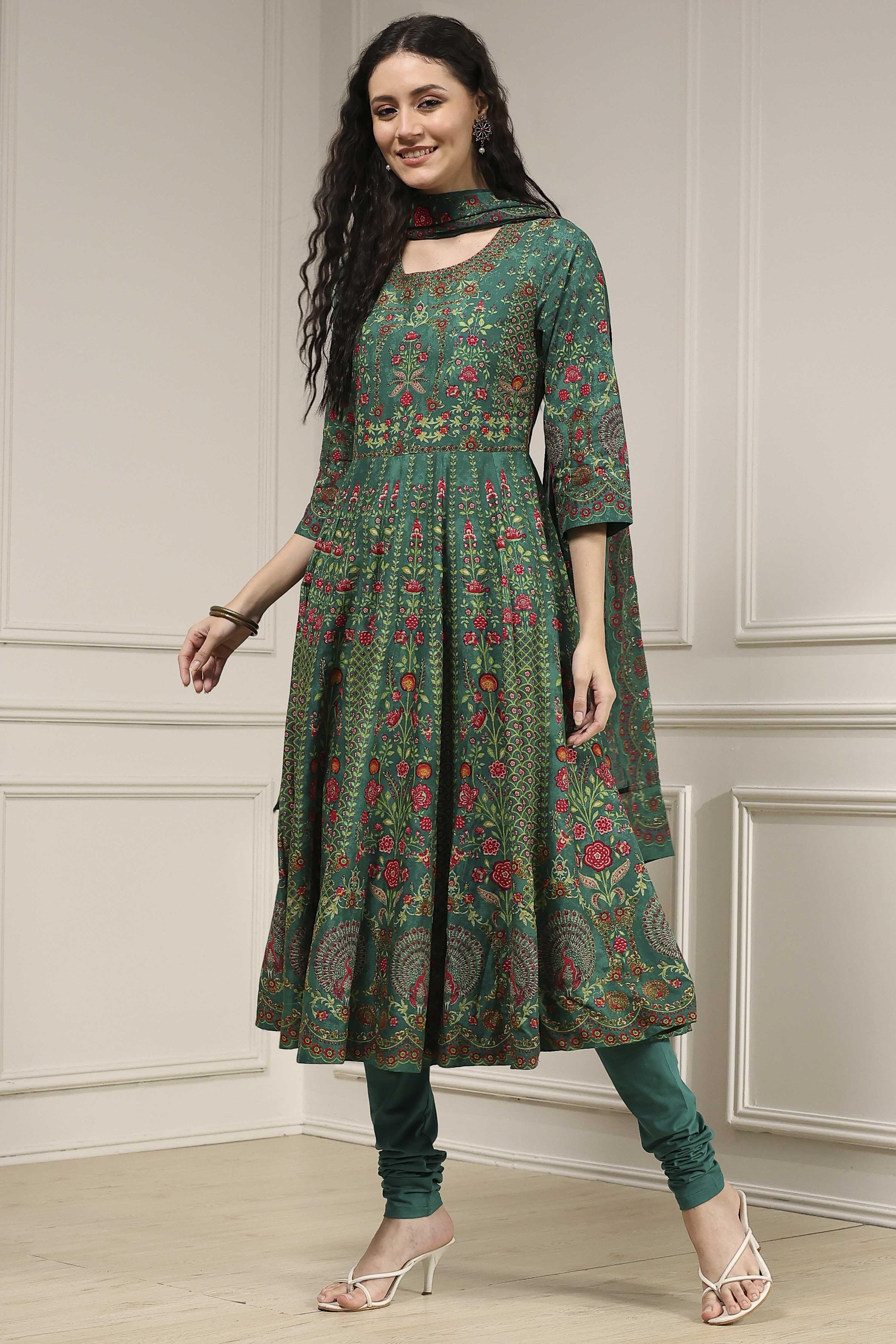 Off-White Cotton Printed Anarkali Suit Set image number 3