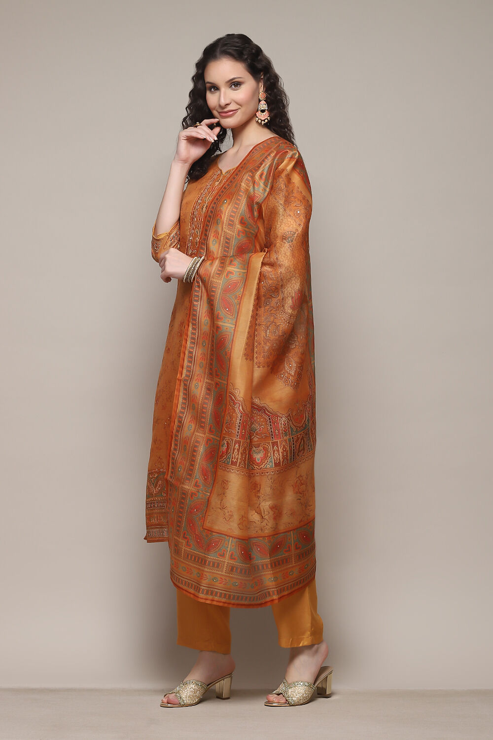 Mustard Chanderi Unstitched Suit Set image number 4