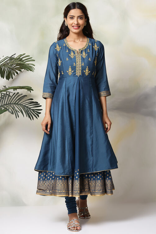Blue Art Silk Anarkali Kurta Churidar Set image number 0