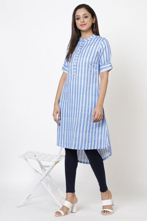 Blue Cotton Linen Printed Kurta image number 4