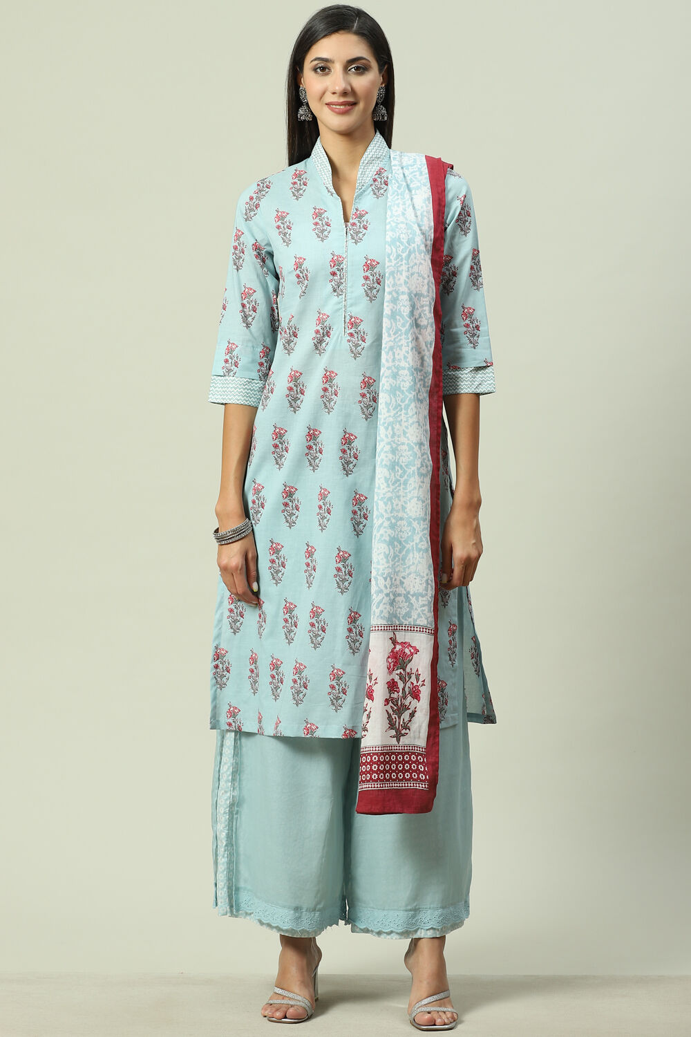 Sky Blue Cotton Straight Kurta Palazzo Suit Set image number 7