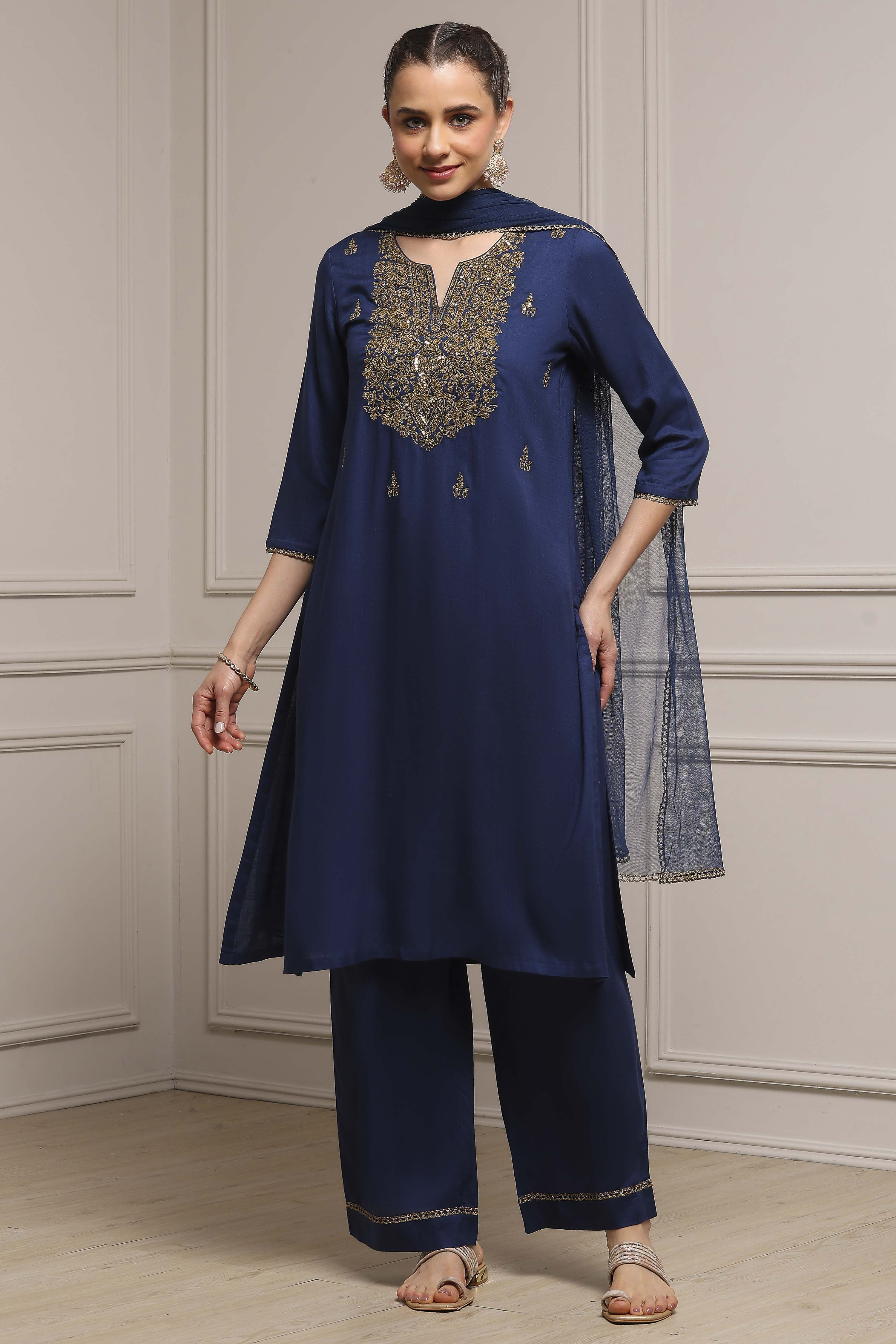 Blue Viscose Rayon Straight Solid Suit Set image number 0