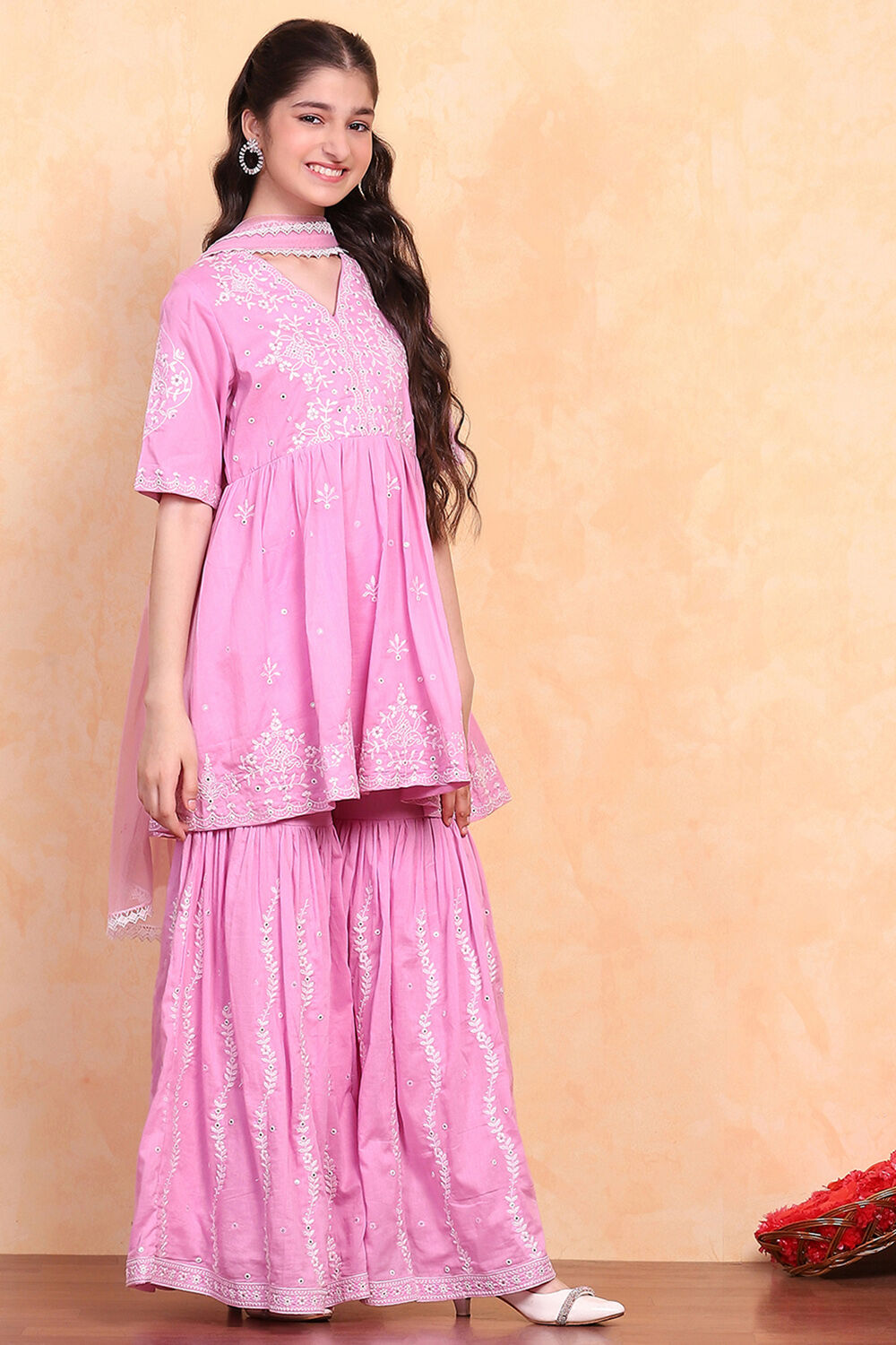 Pink Cotton Embroidered Peplum Suit Set image number 4