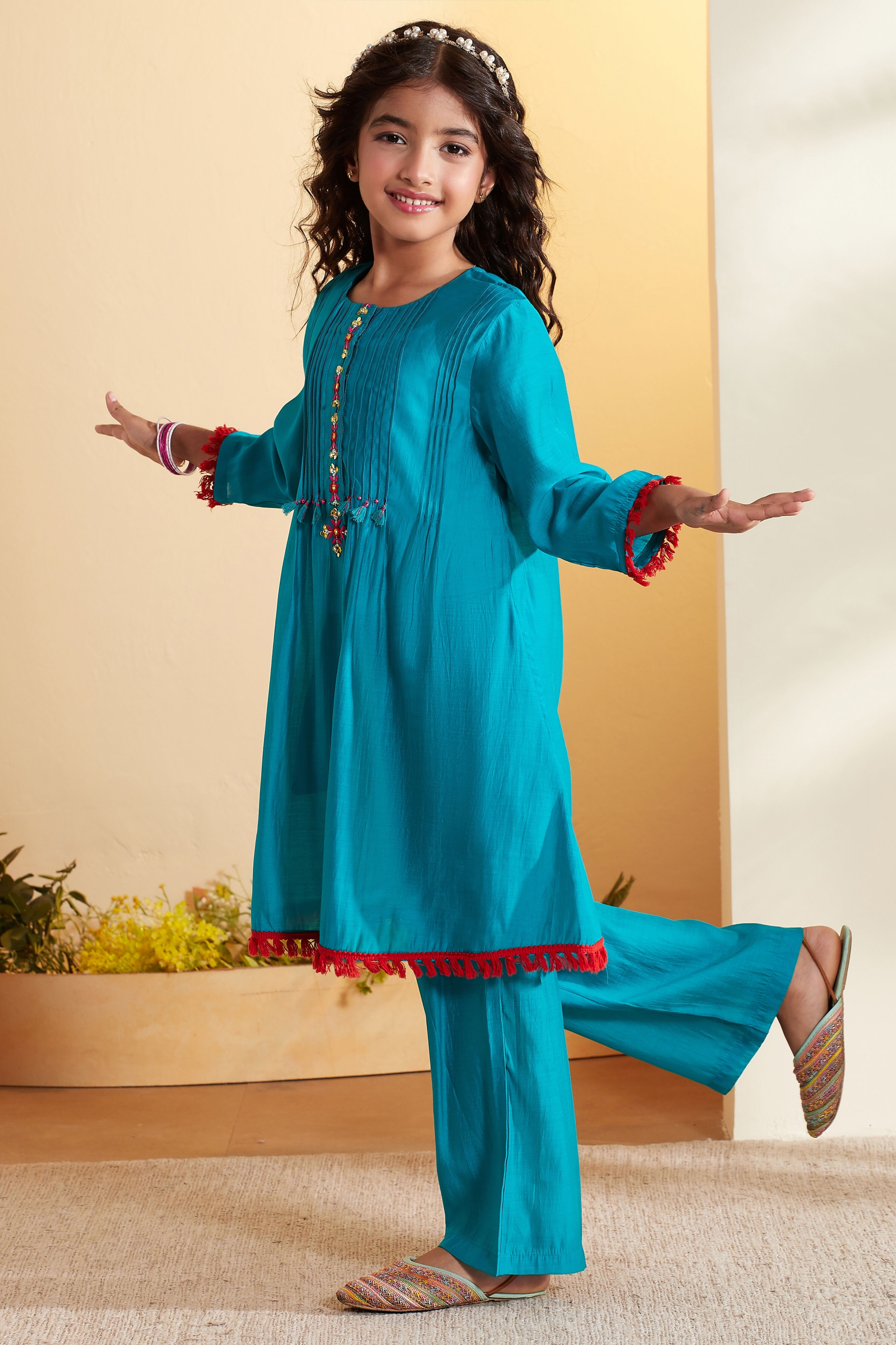 Teal Blue Pleated A-Line Kurta Set image number 4