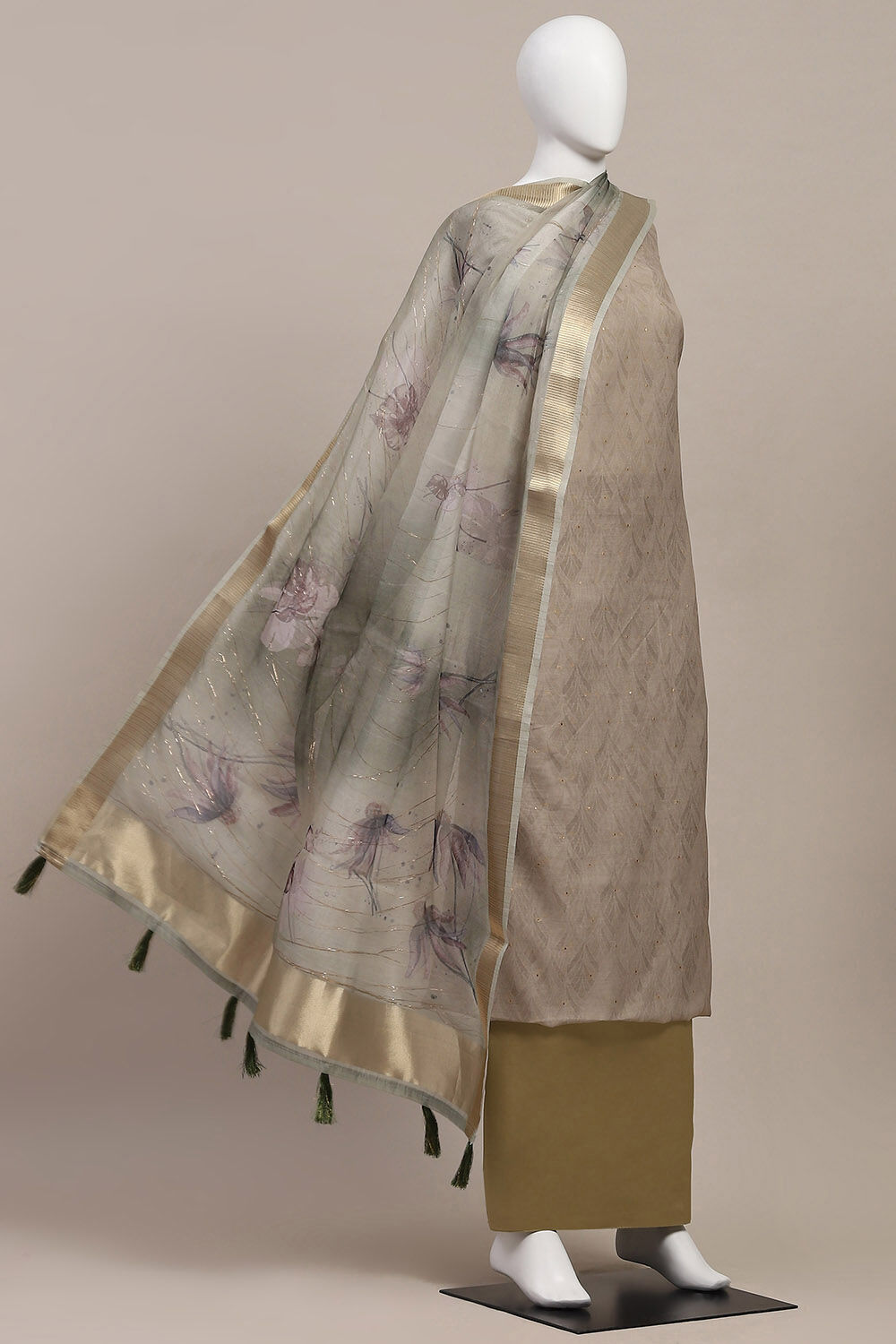 Mint Green Chanderi Double Dupatta Unstitched Suit Set image number 4