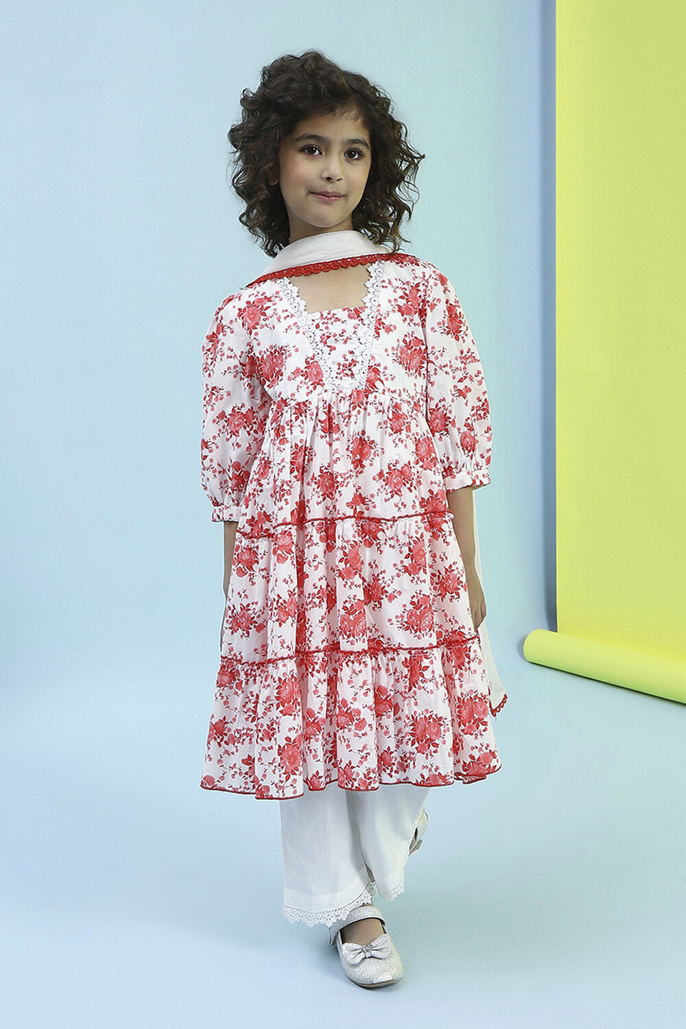 Red and White Cotton Floral Tiered Suit Set image number 6