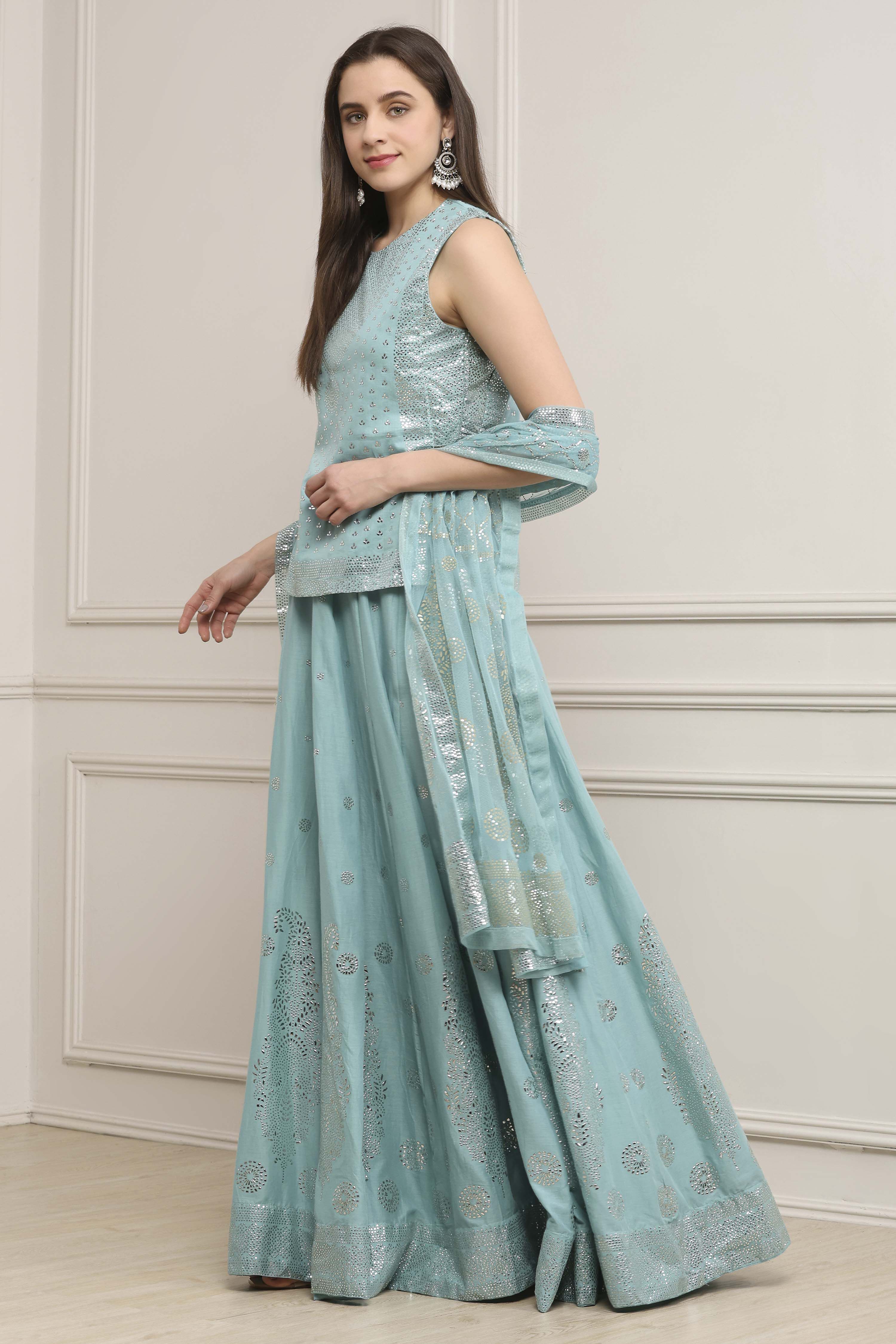 Powder Blue Cotton Printed Lehenga Set image number 3