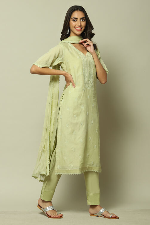 Green Cotton Machine Embroidered Unstitched Suit Set image number 4