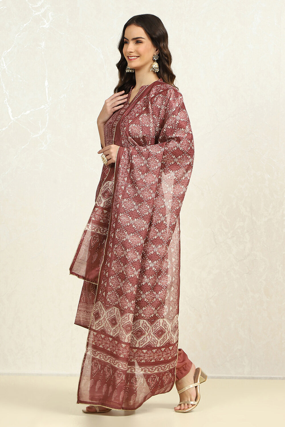 Maroon Chanderi Bandhani Printed Unstitched Suit Set image number 4