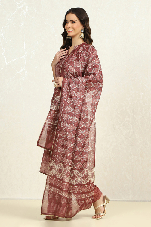 Maroon Chanderi Bandhani Printed Unstitched Suit Set image number 4