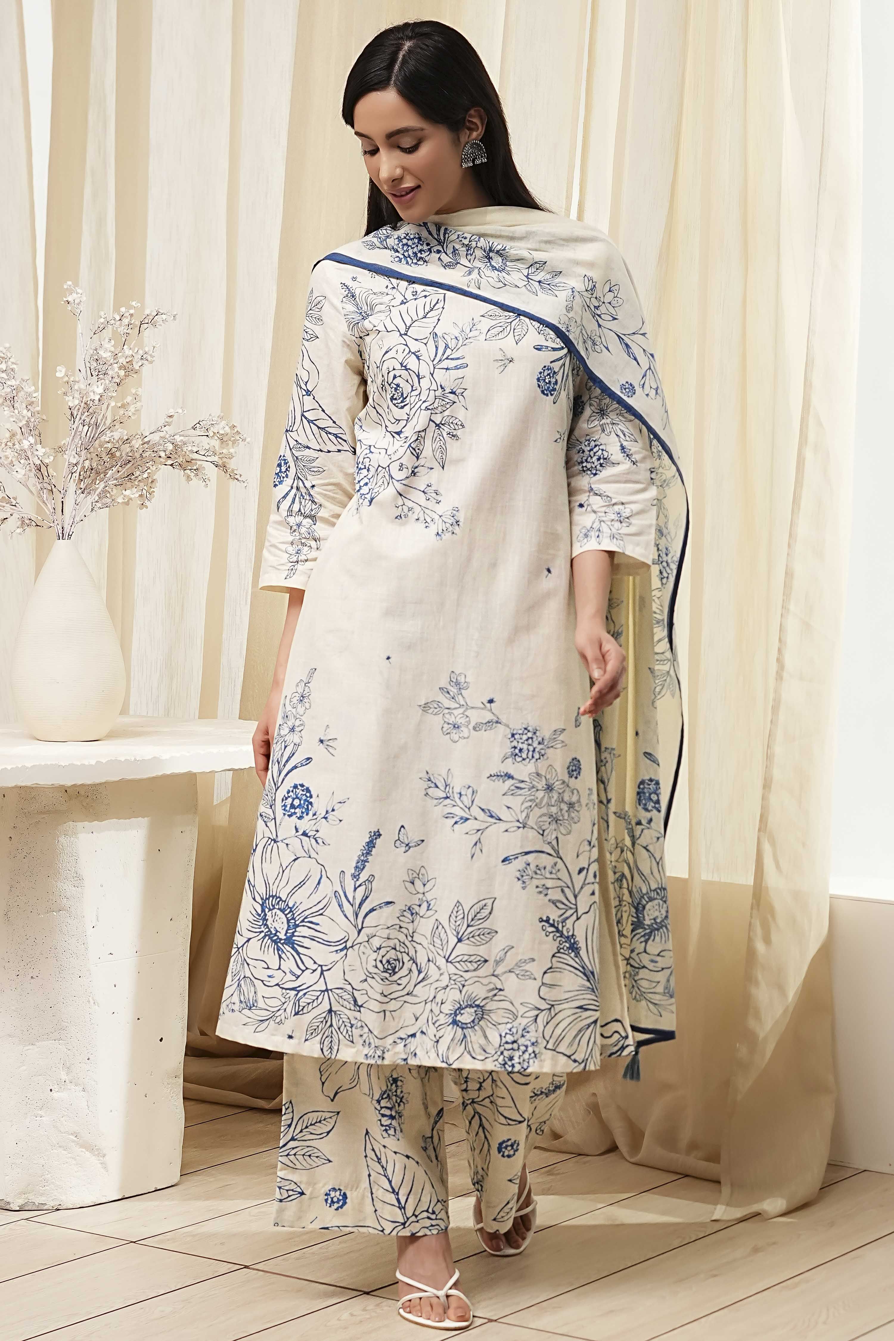 Off-White and Blue Cotton Straight Suit Set image number 6