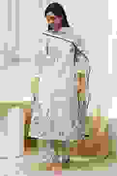 Off-White and Blue Cotton Straight Suit Set image number 6