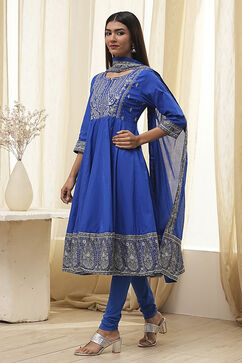 Blue Cotton Embroidered Anarkali Suit Set image number 3