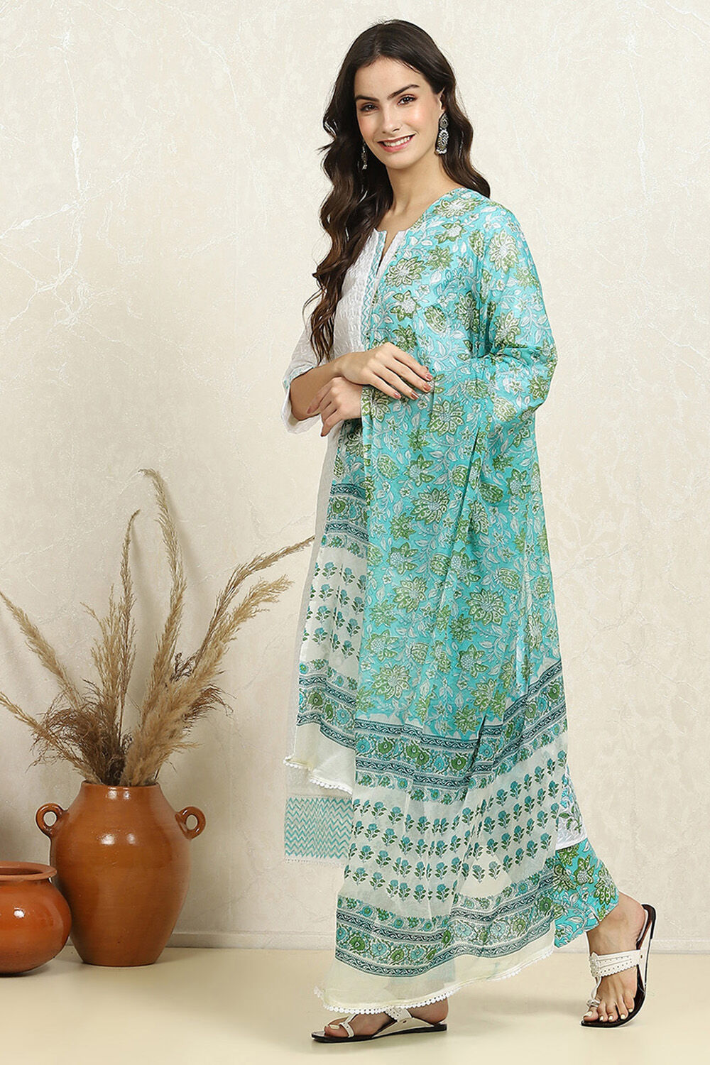 White and Pink Cotton Floral Hand Block Unstitched Suit Set image number 4